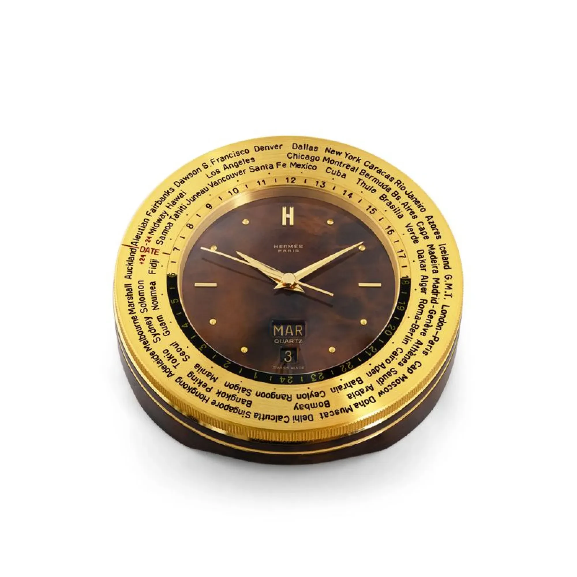 Hermès Hermès · Pendulette Heure Universelle · World Time · Tortoiseshell Dial · Gilt · Full Set · 1970s